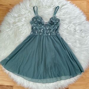 La Vie En Rose Teal Floral Embroidered Lingerie Mesh Night Dress